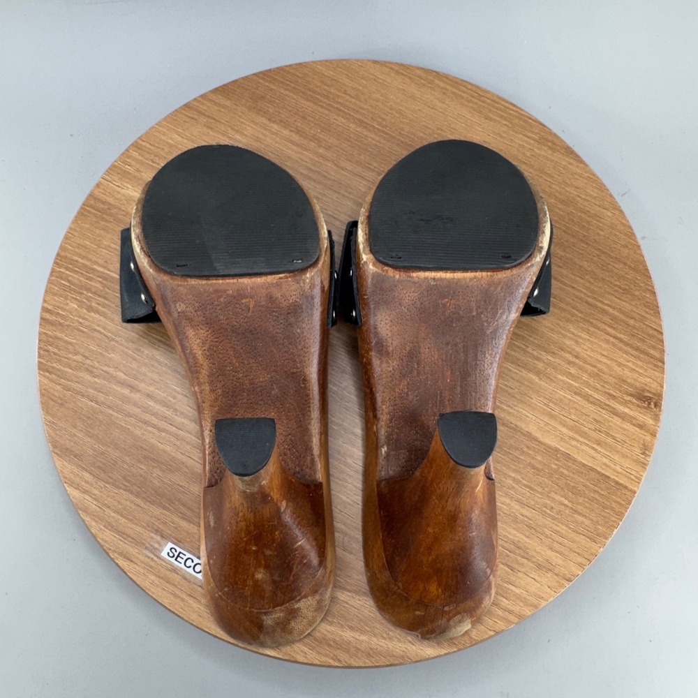 MIA Wooden Platform Clog Sandals 7 Black Bling Rhinestone Buckle Y2K Retro Heels - Picture 6 of 10